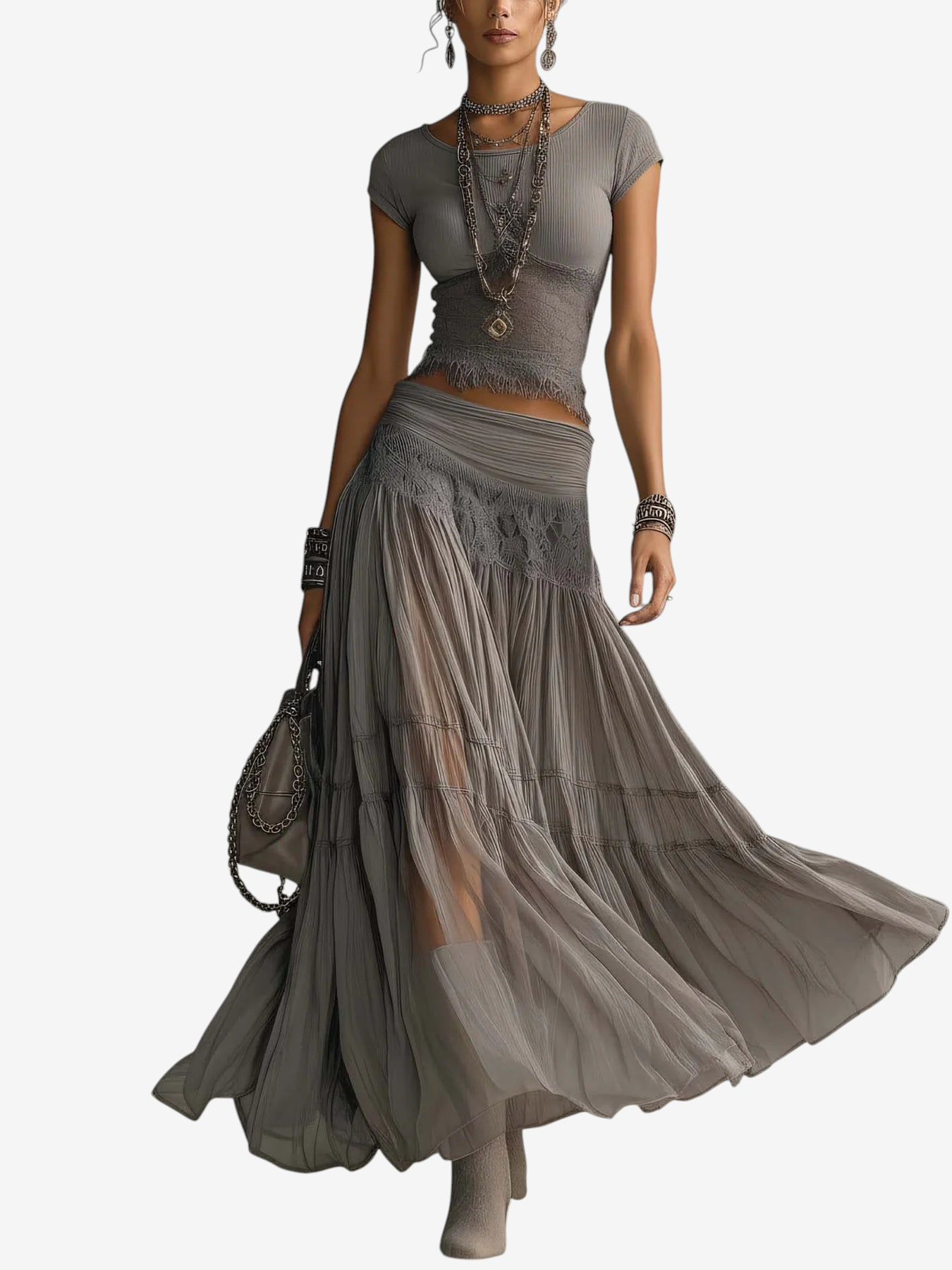 Completo da donna grigio composto da top e gonna plissettata