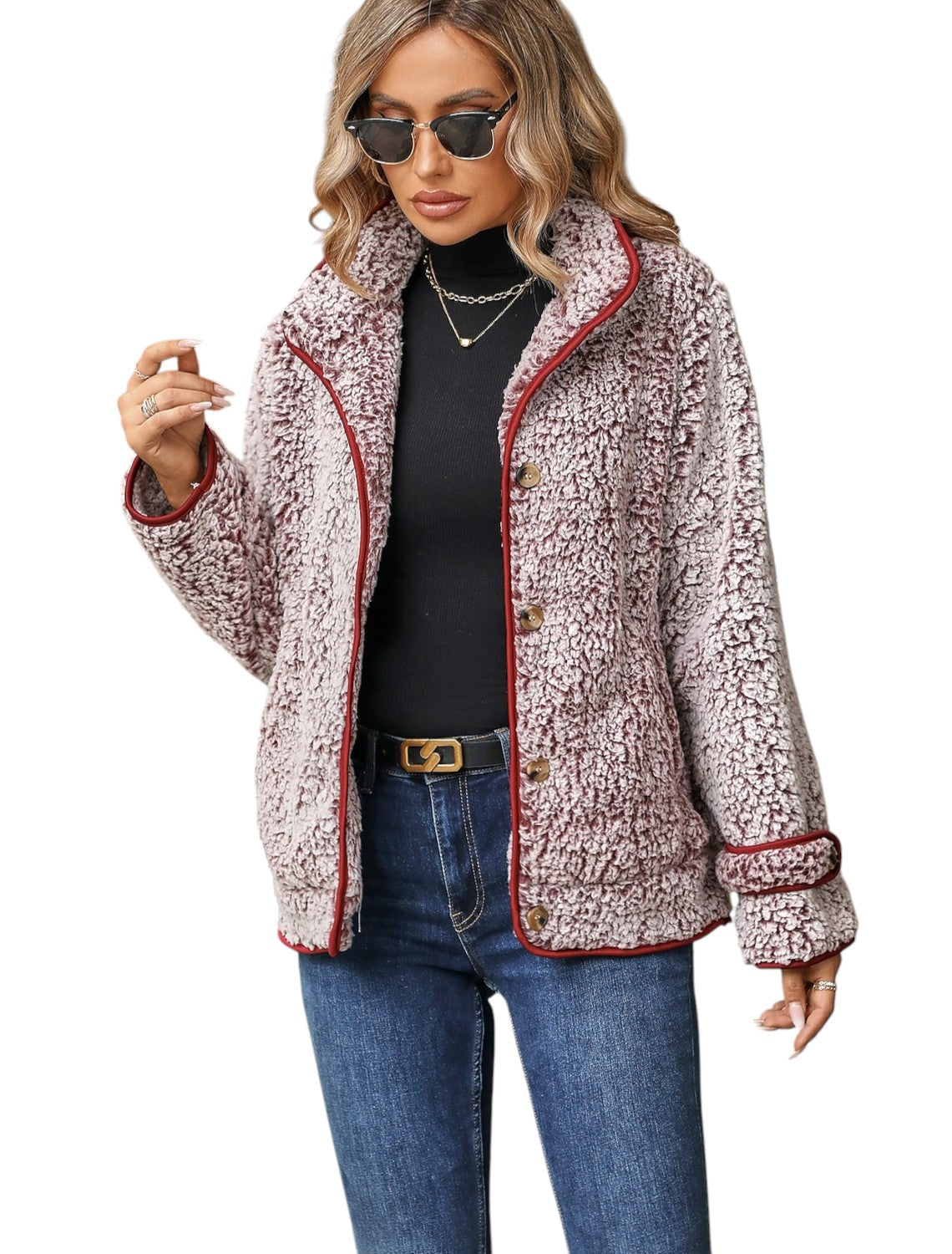 Yasmine - Stylish Textured Jacket with Front Button Closure and Contrasting Edges