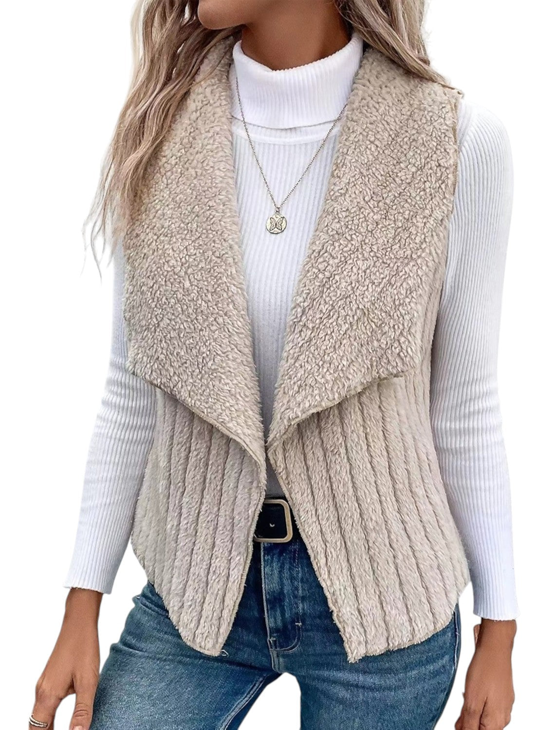 Mira – Stylish sleeveless teddy vest with draped collar and ribbed look